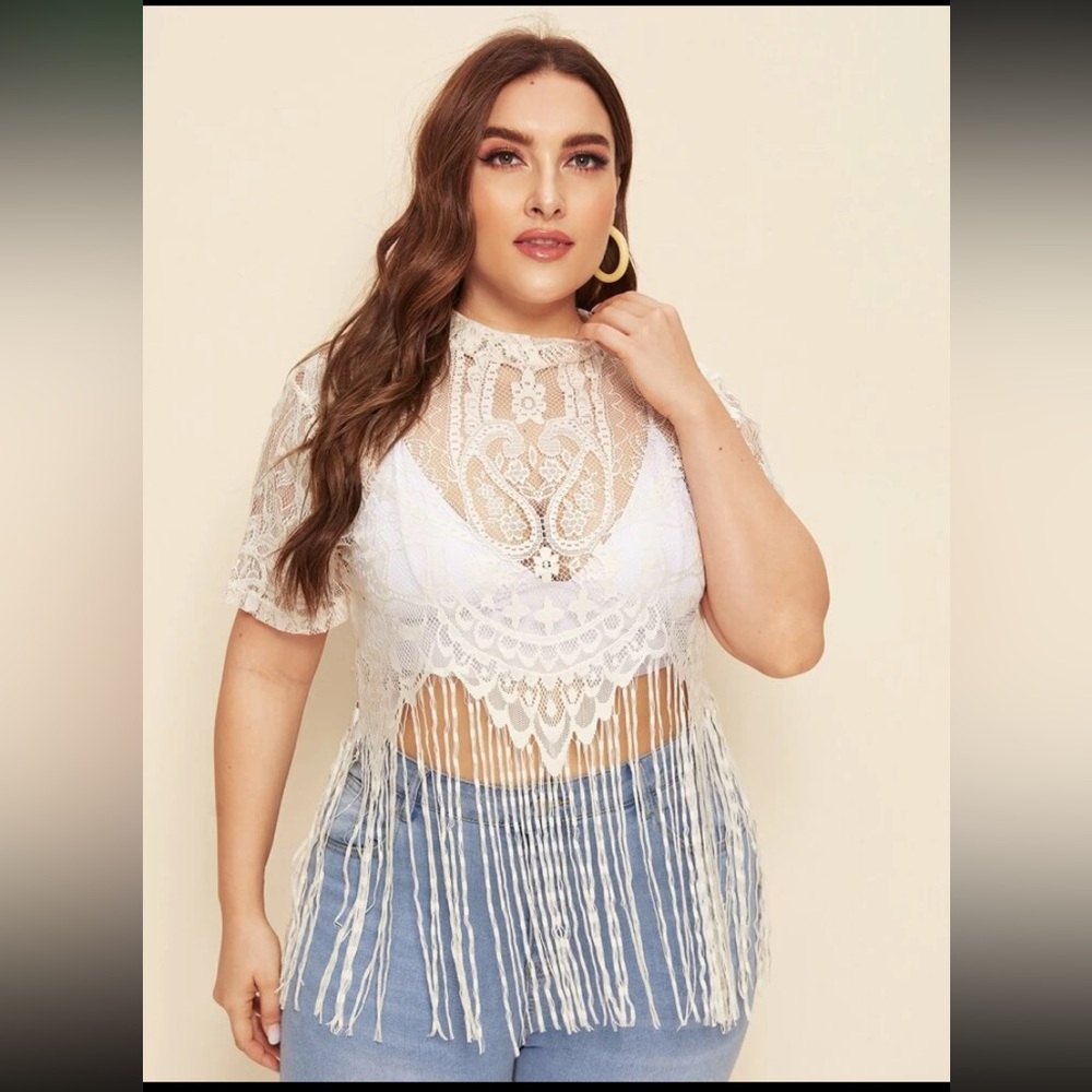 Mock Neck Fringe Hem Sheer Lace Top Without Bra